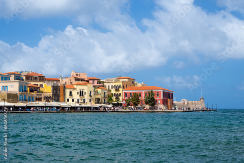 View from the Old Venetian Port of Chania. Beautiful, colorful buildings in the old town of Chania