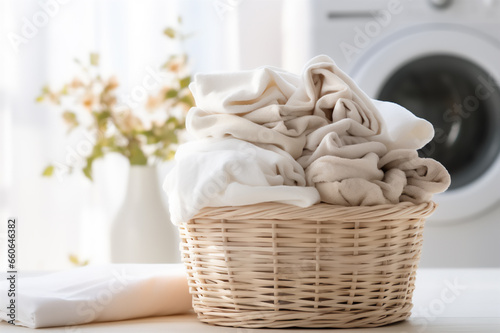 Washed and dried laundry in an eco-basket in the laundry room with a tumble dryer in the background. © Maryna