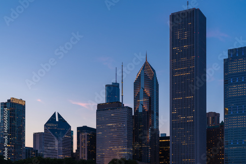 Chicago skyline panorama from Park at night time. Chicago, Illinois, USA. Skyscrapers of financial district, a vibrant business neighborhood. © VideoFlow