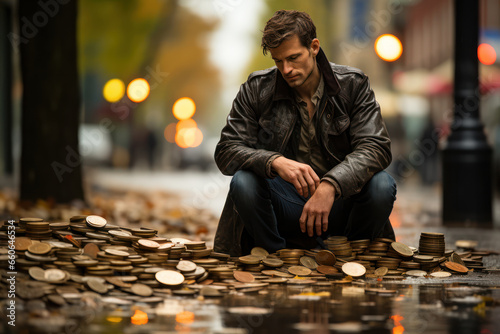 A person begging for spare change on a busy city street, illustrating the struggle of panhandling for survival. Concept of begging. Generative Ai.