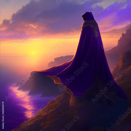 A figure draped in a cloak of shimmering scales stood on the edge of a cliff overlooking a vast ocean. The sky was a mix of purples and blues, with the setting sun casting a golden glow on the figure.