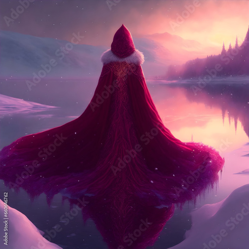 A figure, draped in a cloak of deep red velvet and adorned with intricate gold filigree, stood at the edge of a frozen lake. The sky was painted in shades of pink and purple, and the ice crackled bene photo