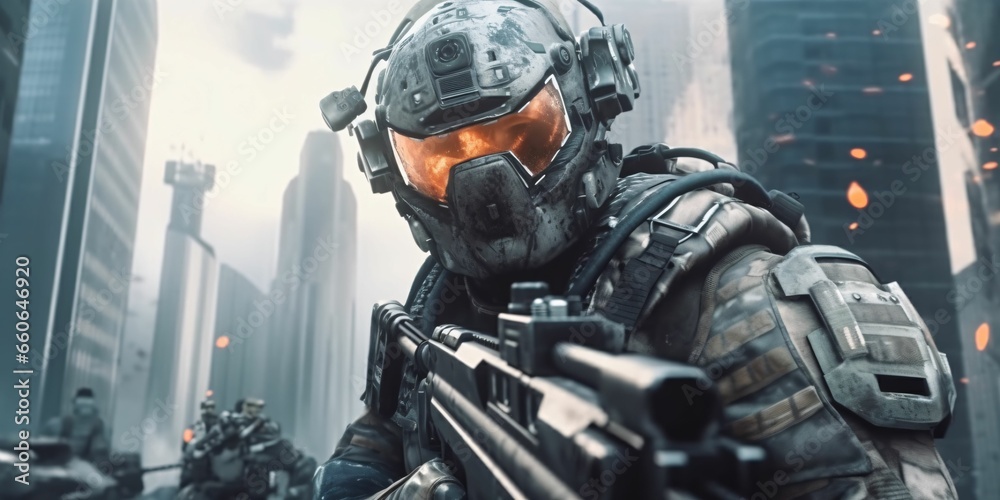 Futuristic Soldier Holding Gun in a Destroyed City. Science Fiction Background Futuristic Soldier Holding Gun in a Destroyed City. Science Fiction Background
