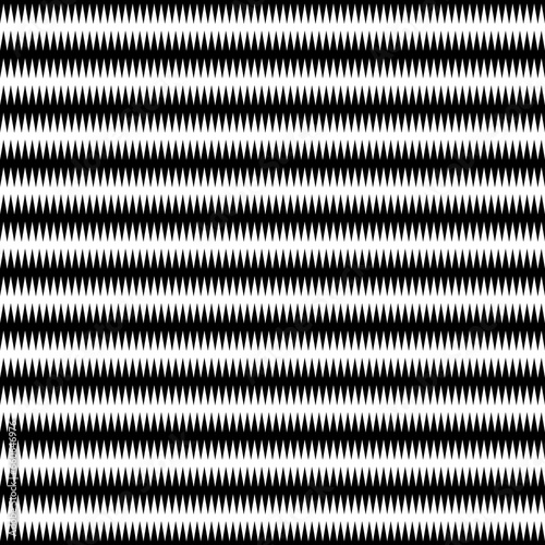 Black zigzag lines. Jagged stripes. Seamless surface pattern design with triangular waves ornament. Repeated chevrons wallpaper. Digital paper for page fills, web designing, textile print. Vector art.