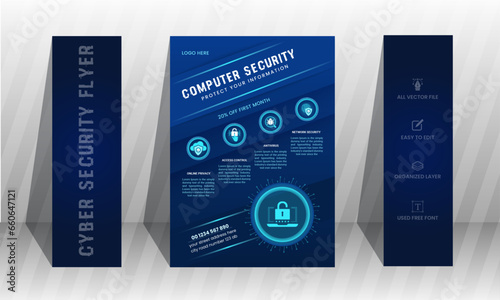 Cyber security mordent flyer template. Cybersecurity threats. Information safety booklet design with icons, Editable layouts.poppins and hacker 2 free fonts used. photo