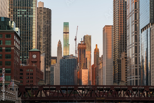 Panorama cityscape of Chicago downtown and River with bridges at sunset  Chicago  Illinois  USA. A vibrant business neighborhood