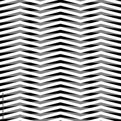 Black and grey zigzag lines. Jagged stripes. Seamless surface pattern design with triangular waves ornament. Repeated chevrons wallpaper. Digital paper for page fills, web designing. Vector art.