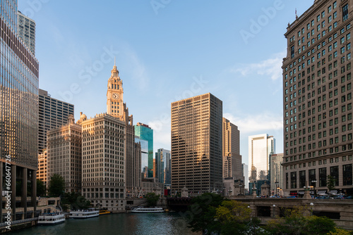 Panorama cityscape of Chicago downtown and River with bridges at sunset, Chicago, Illinois, USA. A vibrant business neighborhood