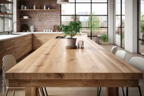 An unoccupied wooden table with a blurred contemporary kitchen in the background, ideal for showcasing products. Generative AI