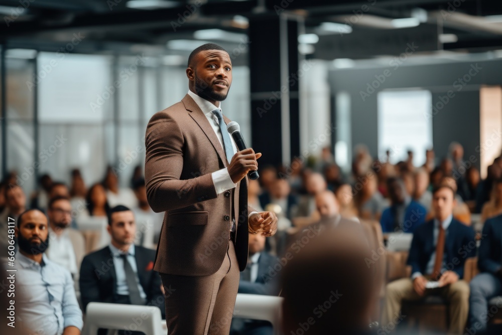 A black businessman making business presentation at a conference room - obrazy, fototapety, plakaty 