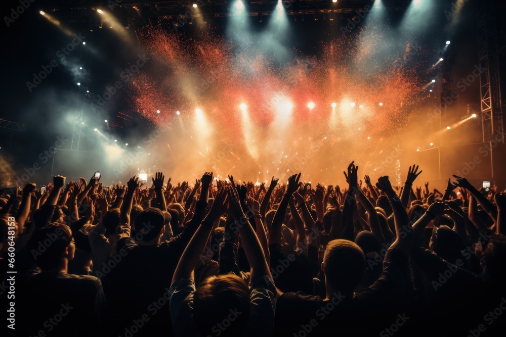Crowd of concert audience people cheering at large venue Crowd of concert audience people cheering at large venue
