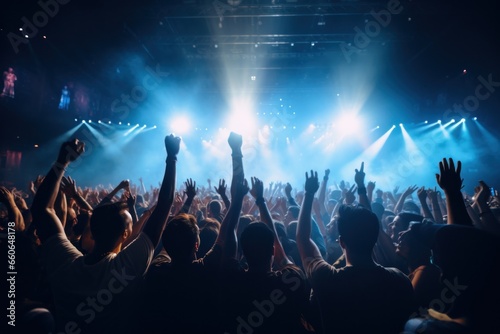 Crowd of concert audience people cheering at large venue
