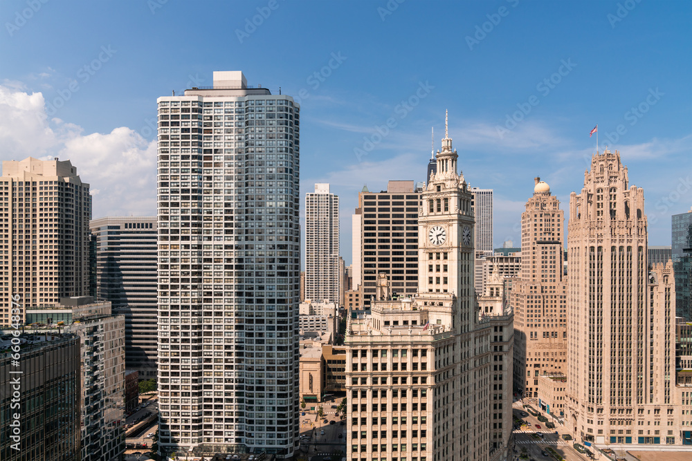 Aerial panoramic city view of Chicago downtown area at day time, Illinois, USA. Bird's eye view of skyscrapers at financial district, skyline. A vibrant business neighborhood.