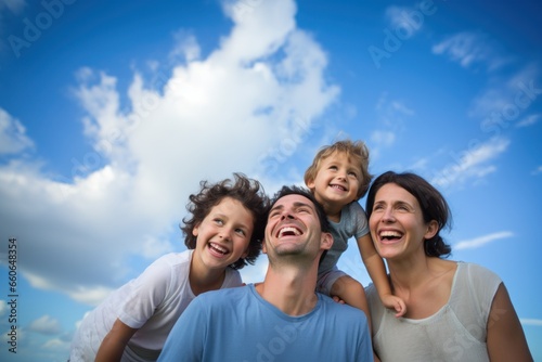 Young happy family with 2 kids smiling lookin up blue sky