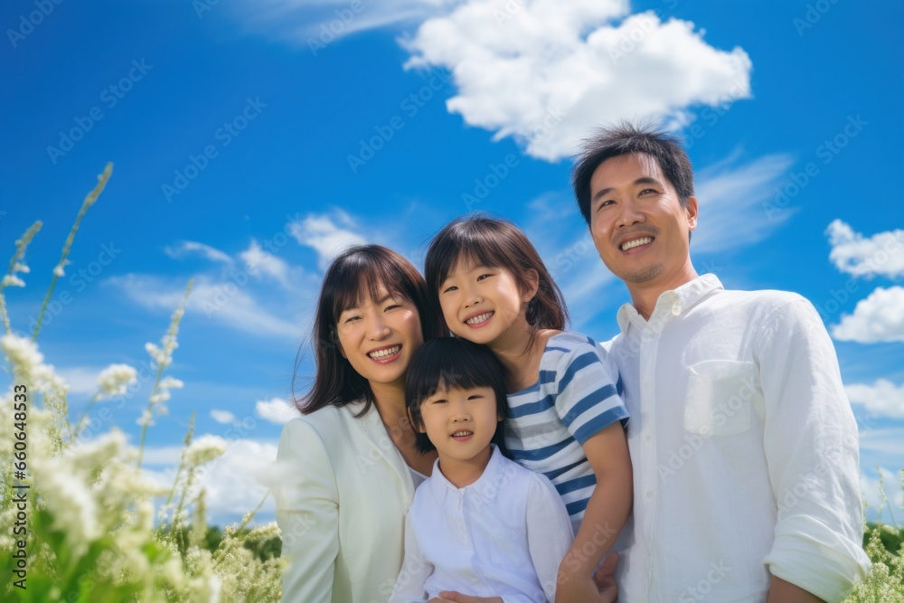Young happy Asian family with 2 kids smiling under blue sky Young happy Asian family with 2 kids smiling under blue sky