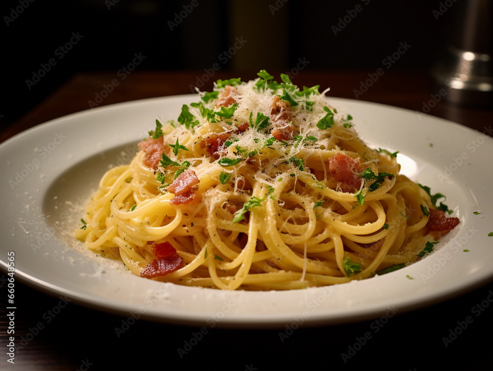 Close - up of spaghetti carbonara with pancetta and a sprinkling of pecorino cheese, illuminated by soft, natural window light Close - up of spaghetti carbonara with pancetta and a sprinkling of pecorino cheese, illuminated by soft, natural window light