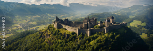 Aerial view of sprawling medieval castle, nested in a mountainous terrain, dramatic shadows cast by turrets, vibrant summer foliage
