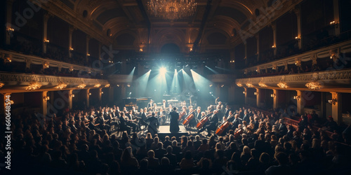 entire orchestra, in a historic concert hall, chandeliers overhead, audience in soft focus, grandeur and elegance photo