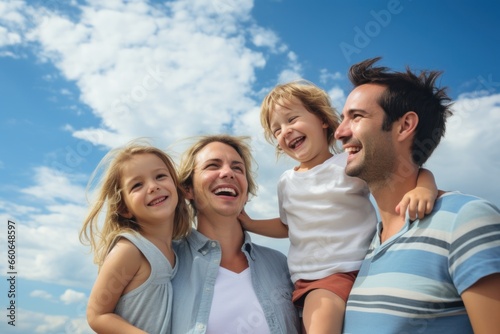 Young happy family with 2 kids smiling lookin up blue sky