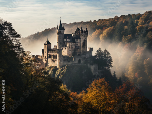 Majestic medieval castle surrounded by a vibrant autumn forest, early morning mist, dramatic lighting conditions