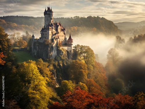 Majestic medieval castle surrounded by a vibrant autumn forest, early morning mist, dramatic lighting conditions