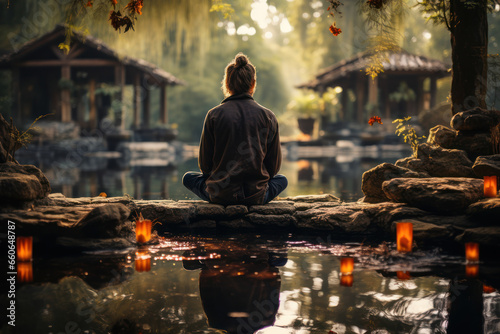 A person meditating by a tranquil pond, reflecting the mindfulness and inner exploration in Eastern philosophy. Concept of meditation and self-discovery. Generative Ai.