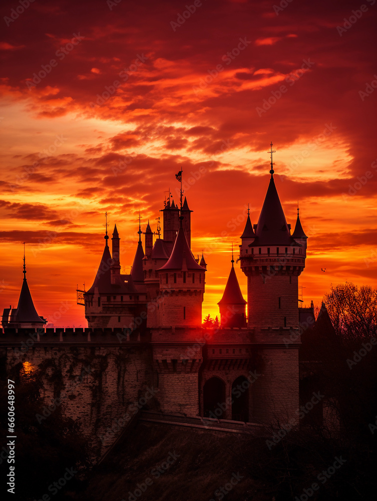 Obraz premium Sunset over medieval castle, silhouette of castle towers and spires against a fiery orange sky, vivid colors