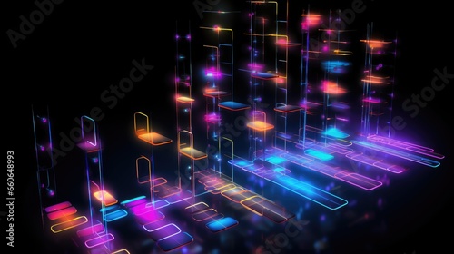 Futuristic metaverse and blockchain technology network concept with digital cubes blocks in glowing style on black background. Black Friday, Cyber Monday concept. Modern abstract design illustration..