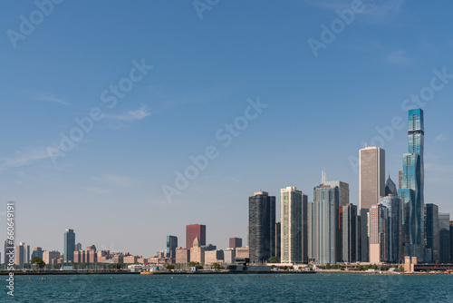 A view of Downtown skyscrapers of Chicago skyline panorama over Lake Michigan at daytime  Chicago  Illinois  USA