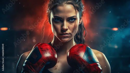 portrait of a female boxer holding her red box gloves in front of her upper body  © bmf-foto.de