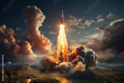 A rocket launching into the sky, symbolizing human achievement in space exploration. Concept of scientific progress. Generative Ai.