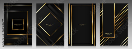 Luxury cover set, black and gold design. Abstract geometric pattern with metallic glowing lines. Vector collection background for bussines, formal invitation, deluxe brochure, prestigious flyer.