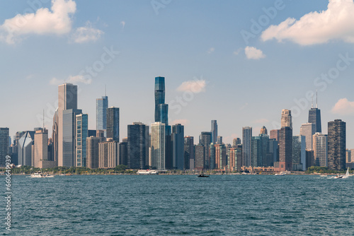 A view of Downtown skyscrapers of Chicago skyline panorama over Lake Michigan at daytime, Chicago, Illinois, USA © VideoFlow