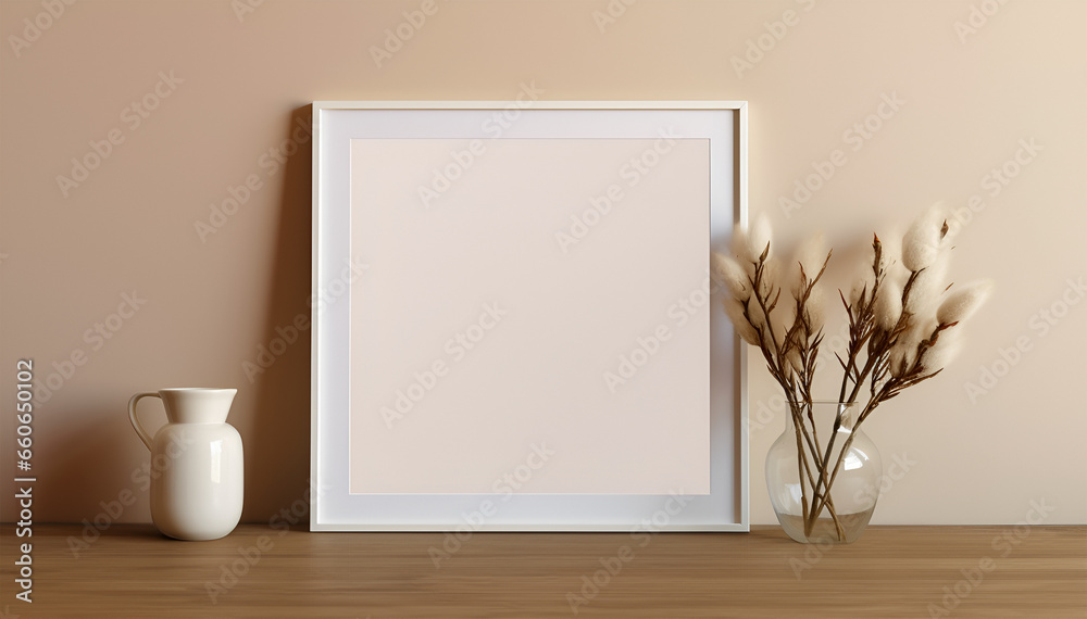 Empty photo frame mock up with dried flowers in a vase on brown wall Empty photo frame mock up with dried flowers in a vase on brown wall