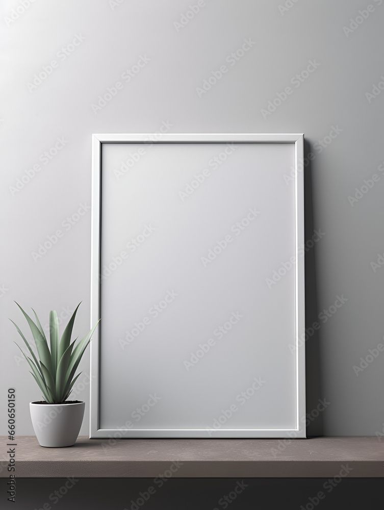 Empty photo frame mock up with green plant in a vase on grey wall Empty photo frame mock up with green plant in a vase on grey wall