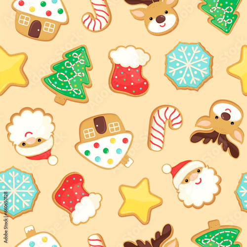 Christmas sugar cookies seamless pattern. Cute gingerbread biscuits on tan background. Winter sugar cookie shapes with bright icing repeat design. For textile print, home decor cloth, wrapping paper. 