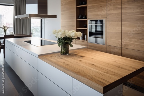 Close up details of modern designer touch kitchen with wooden details photo