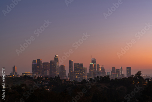 Skyline of Los Angeles downtown at summer sunset, California, USA. Skyscrapers of panoramic city center of LA.