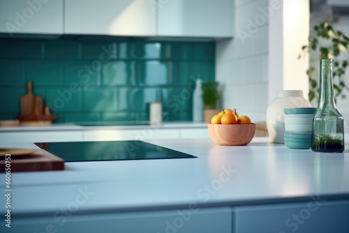 Details of a moden designer kitchen with white countertop. Home interior design ideas