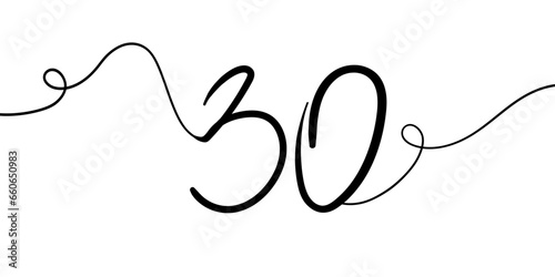 Number 30 line art drawing on white background. 30th birthday continuous drawing contour. Minimal vector illustration