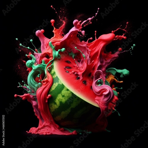 red and green splashes of water melon, fire, glow, color, shape, shine, beauty
