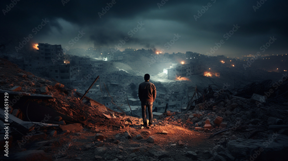 Fototapeta premium Searching for Hope: A Gaze into the Post-Conflict City, Generative AI