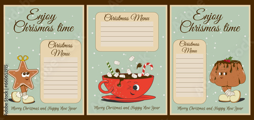 A set of retro posters trendy cartoon style Christmas menu.Cute, funny characters: ginger cookies, cocoa with sweets, Christmas cupcake for decorating cafes, restaurants. Vector illustration.
