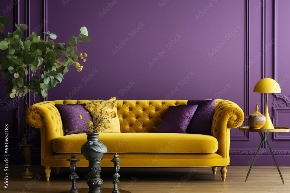 Decorated living room with a purple sofa against a yellow backdrop. Generative AI - obrazy, fototapety, plakaty 