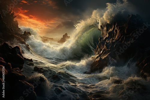 A dramatic image of a stormy sea, symbolizing the power and turmoil of emotions, with waves crashing against rocks