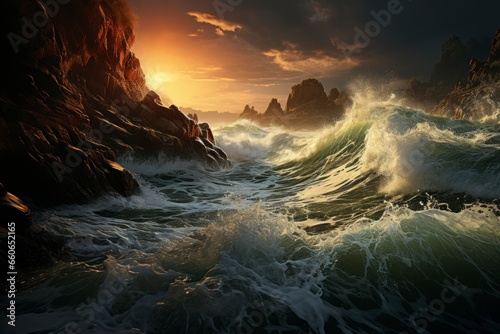 A dramatic image of a stormy sea, symbolizing the power and turmoil of emotions, with waves crashing against rocks