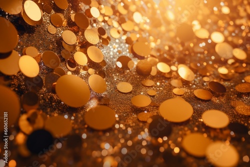 Shimmering festive backdrop adorned with circular glimmers in a golden hue. Generative AI