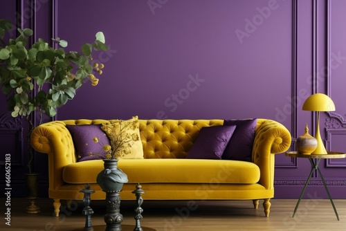 Decorated living room with a purple sofa against a yellow backdrop. Generative AI