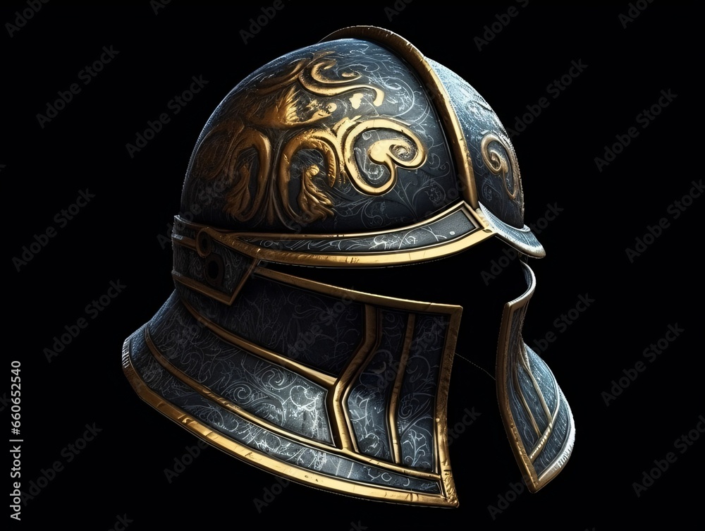 Fototapeta premium Iron Medieval War Helmet Isolated on Black Background
