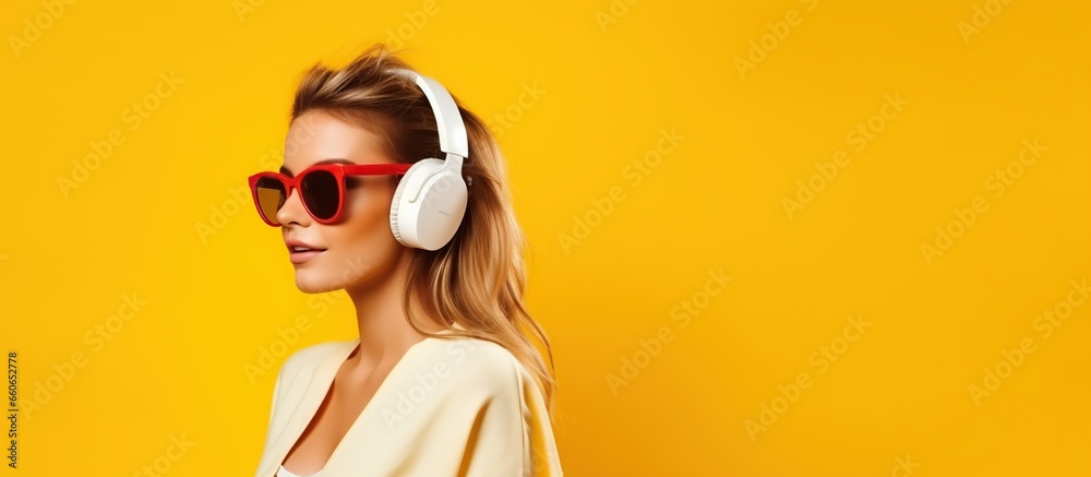 Beautiful smiling happy woman listening to music and singing, using headphones.